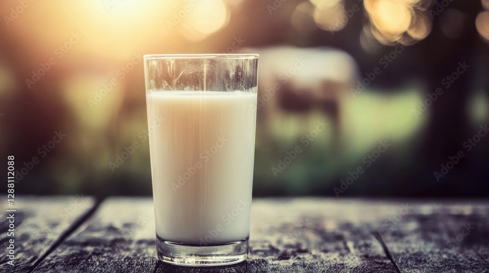 Fresh milk in glass on dark wooden tabletop and blurred landscape with cow on meadow. Healthy eating. Rustic style. Space for design. Fresh milk in glass on dark wooden tabletop and blurred landscape with cow on meadow. Healthy eating. Rustic style. Space for design.