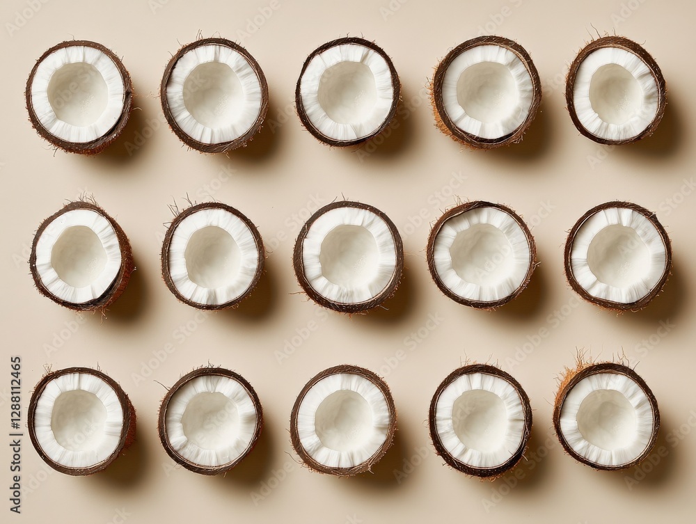 A flat-lay of coconut halves arranged symmetrically on a plain beige background A flat-lay of coconut halves arranged symmetrically on a plain beige background