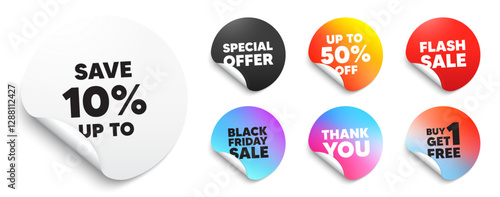 Discount sticker tag. Special offer paper price tags. Save up to 10 percent. Discount Sale offer price sign. Special offer symbol. Discount, black friday sticker. Promo banner. Vector