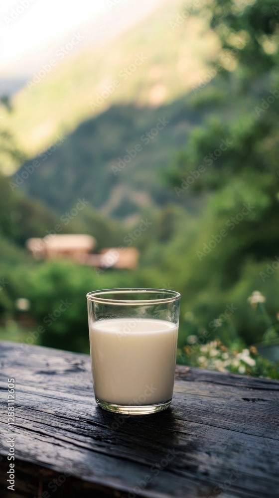 Fresh milk in glass on dark wooden tabletop and blurred landscape with cow on meadow. Healthy eating. Rustic style. Space for design. Fresh milk in glass on dark wooden tabletop and blurred landscape with cow on meadow. Healthy eating. Rustic style. Space for design.