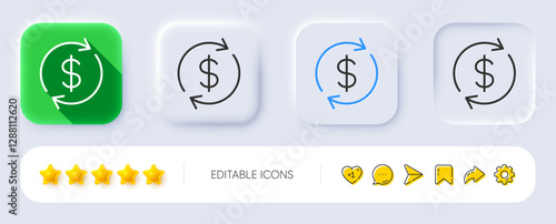 Currency exchange line icon. Neumorphic, Flat shadow, 3d buttons. Money Transfer sign. Dollar in rotation arrow symbol. Line usd exchange icon. Social media icons. Vector