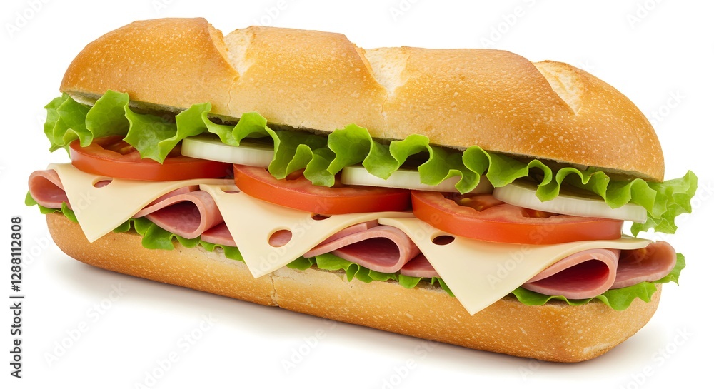 Fresh Submarine Sandwich with Deli Meats, Cheese, and Vegetables on White Background Fresh Submarine Sandwich with Deli Meats, Cheese, and Vegetables on White Background