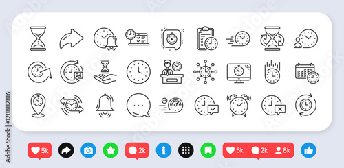 Time line icons. Social media: share, comment, like icons. Set of Delivery service, Time management timer and Calendar linear icons. Checklist, Stopwatch timer and hourglass. Vector