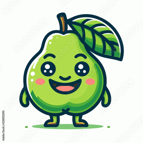 Guava Joyful Pear Mascot: A charming and cheerful pear character with big, adorable eyes and a happy smile, radiates warmth and playfulness, ready to brighten up any design.