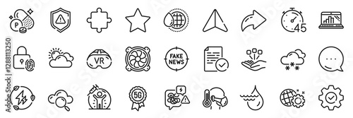 Computer fan, Execute and Graph laptop line icons pack. Share, Message, Paper plane icons. Phosphorus mineral, Consolidation, Star web icon. Vr, Timer, World water pictogram. Vector