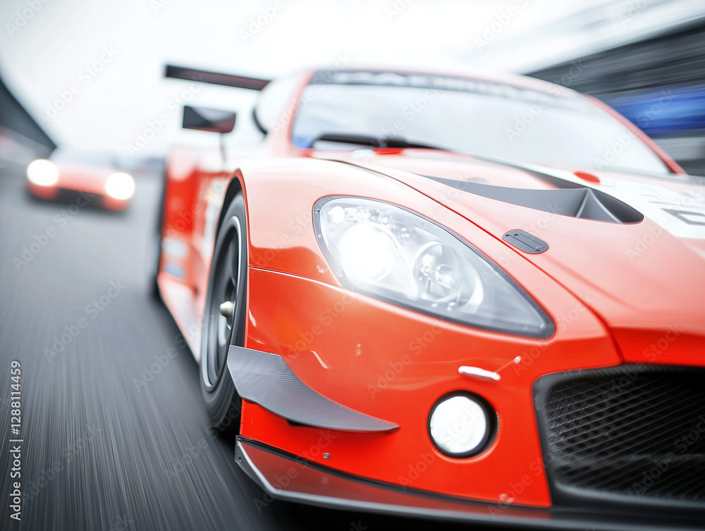 Naklejka premium Close up of red racing car speeding on track with headlights on