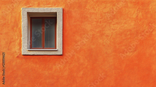 A window with closed blinds is situated on an orange-painted, stucco wall in a close-up shot, presenting a blend of textures and color. photo