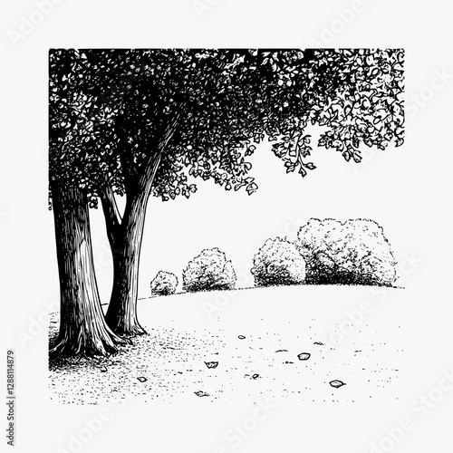 black and white vector line drawing, trees in extremely fine detail