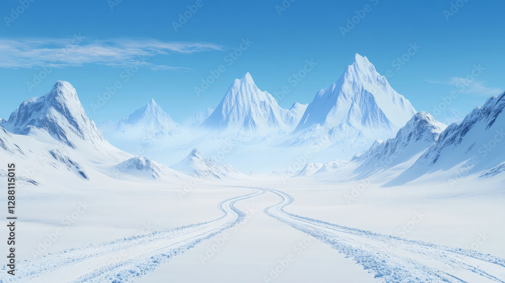 Obraz premium Serene winter landscape with snow-covered mountains and tire tracks leading into the distance. A peaceful scene of pristine nature.
