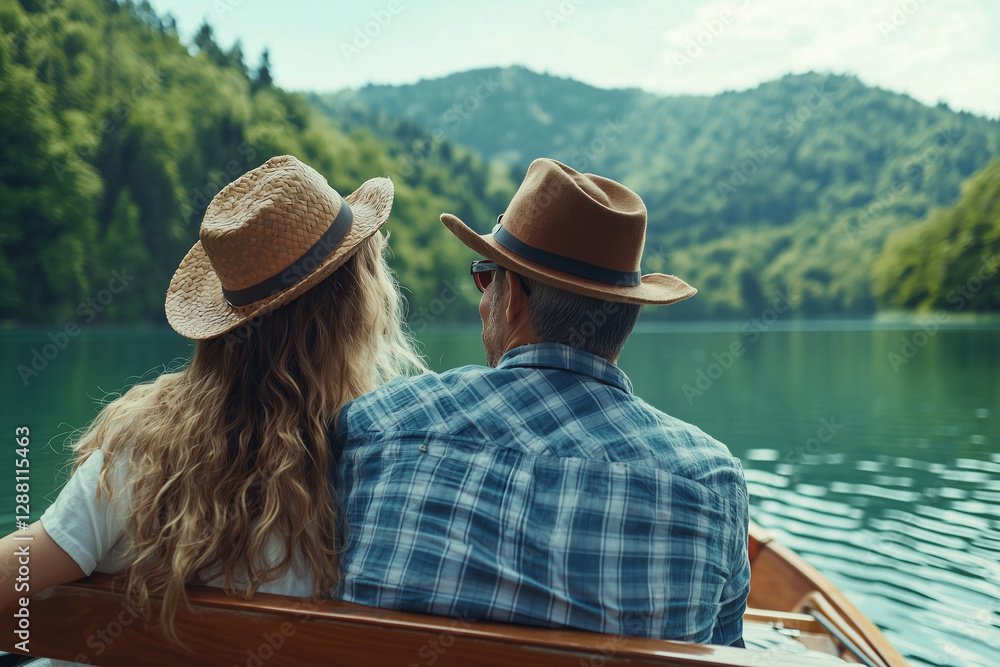 Mature couple enjoying scenic boat ride on tranquil lake surrounded by lush forest Mature couple enjoying scenic boat ride on tranquil lake surrounded by lush forest
