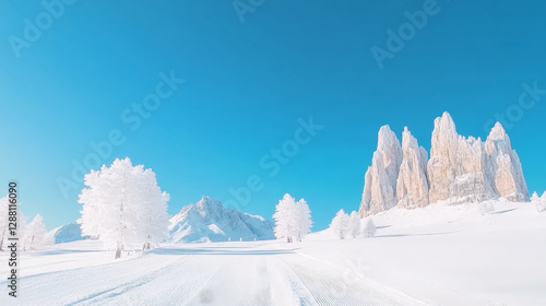 Wallpaper Mural Serene winter landscape. Snow-covered trees and mountains under a vibrant blue sky. Torontodigital.ca