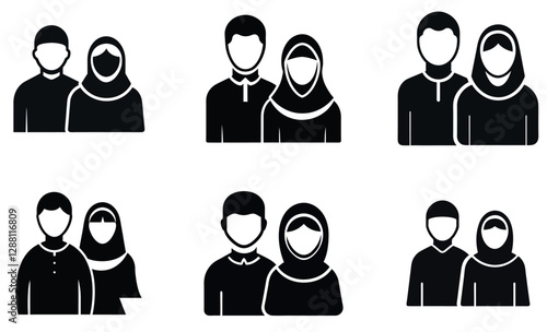 Simple, black and white icons depicting a Muslim couple.