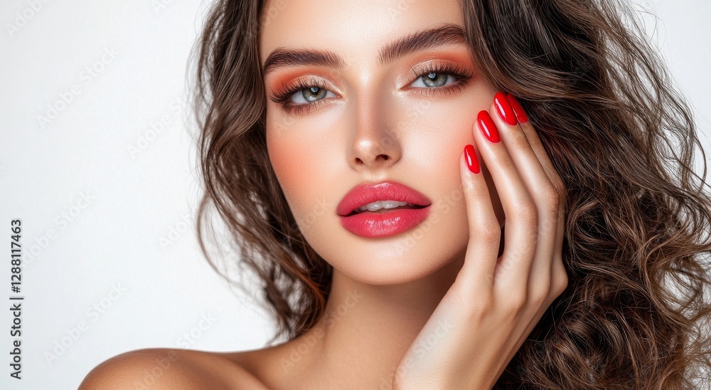 Fototapeta premium The image features a stunning model with long, curly locks, showcasing the latest fashion trend, complete with a bold red manicure and flawless cosmetics, including makeup and a wavy hairstyle