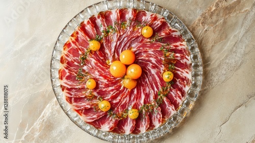 Savoring iberico ham slices in a crystal spiral platter gourmet dining culinary art elegant setting close-up food presentation