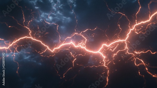Orange lightning strike across dark stormy sky, dramatic weather background