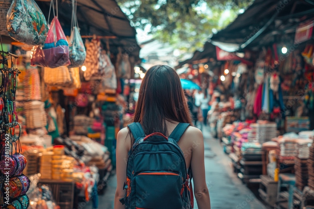 Asian female in outdoor market exploring handmade goods and colorful stalls Asian female in outdoor market exploring handmade goods and colorful stalls