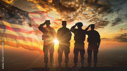 USA army soldiers saluting on a background of sunset or sunrise, Memorial Day, Independence Day. America celebration