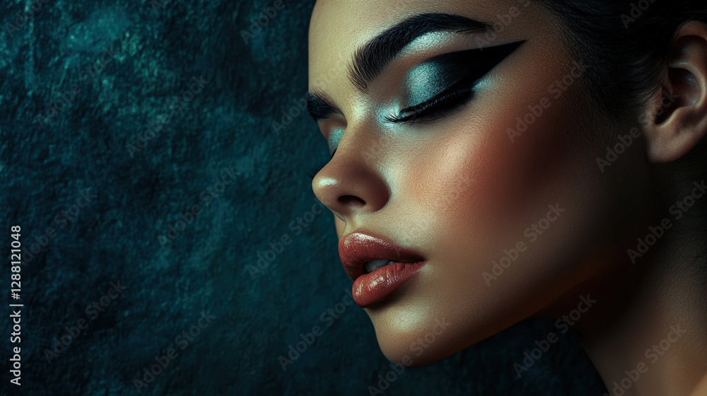Artistic beauty portrait of woman with bold graphic makeup, showcasing striking features and dramatic eyeliner. lighting enhances her flawless skin and captivating expression Artistic beauty portrait of woman with bold graphic makeup, showcasing striking features and dramatic eyeliner. lighting enhances her flawless skin and captivating expression