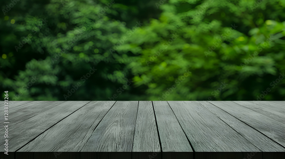 Fototapeta premium Dark Grey Wood Tabletop Against a Blurred Green Forest Background