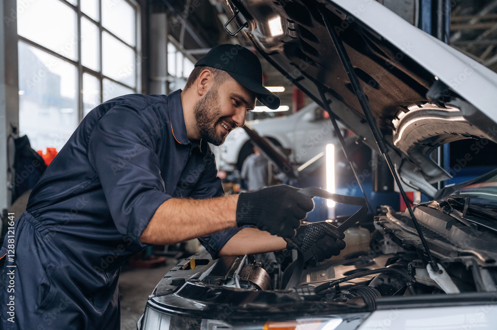 Smiling, cheerful facial expression. Mechanic working in a car service station Smiling, cheerful facial expression. Mechanic working in a car service station