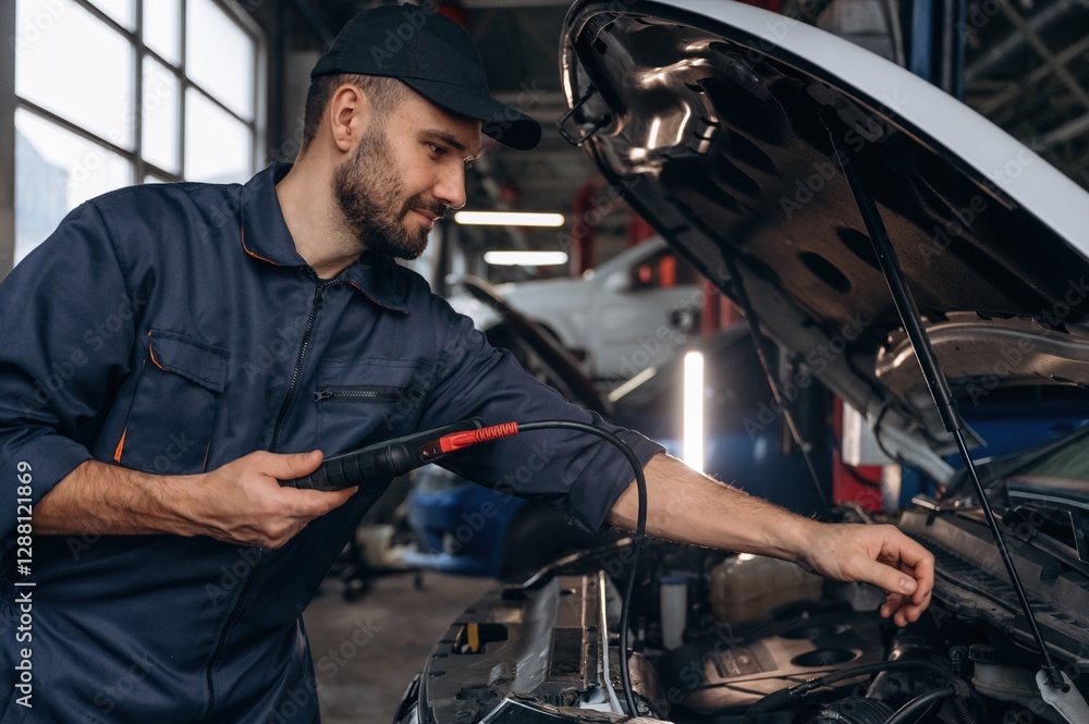 Connecting digital tablet. Mechanic working in a car service station Connecting digital tablet. Mechanic working in a car service station