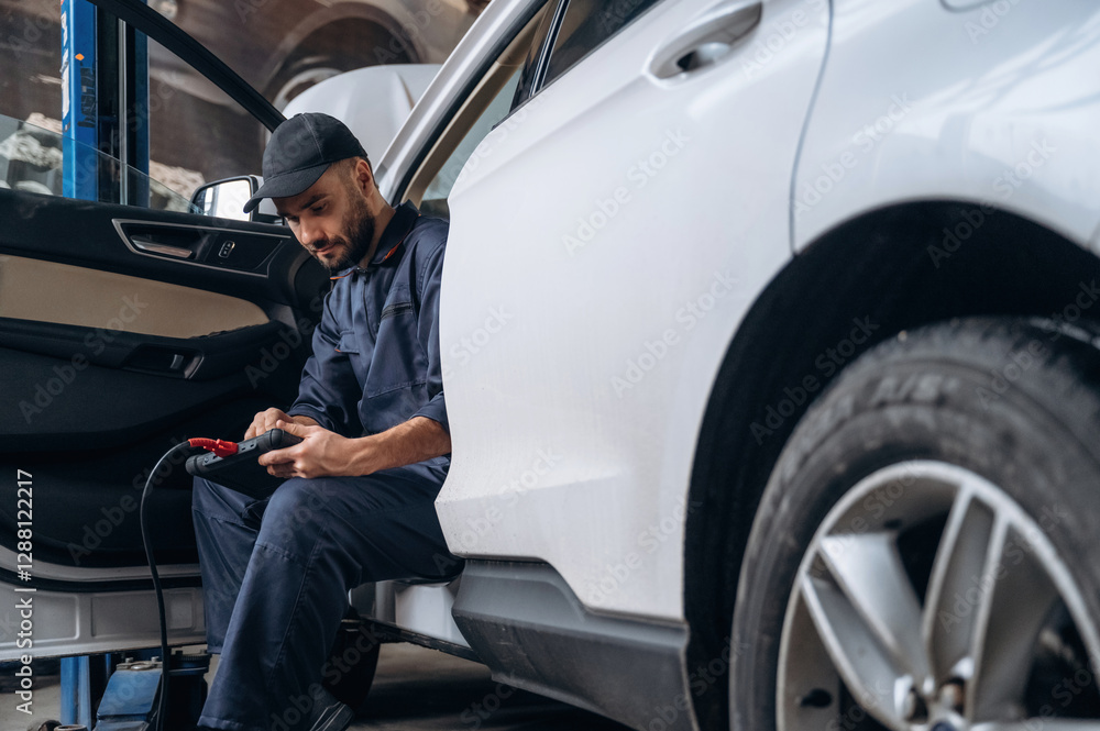 On the seat, with digital tablet. Mechanic working in a car service station On the seat, with digital tablet. Mechanic working in a car service station