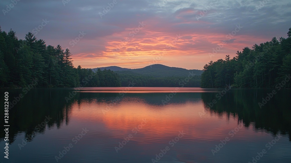 Serene Sunset over a Tranquil Lake, Mountains in the Background Serene Sunset over a Tranquil Lake, Mountains in the Background