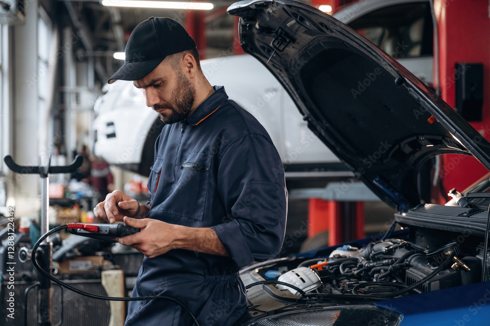 Electronics adjustment, with digital tablet. Mechanic working in a car service station Electronics adjustment, with digital tablet. Mechanic working in a car service station