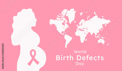 World Birth Defects Day banner template with typography. Pregnant woman profile with ribbon. Girl and Earth map Silhouette. Pink minimalist background