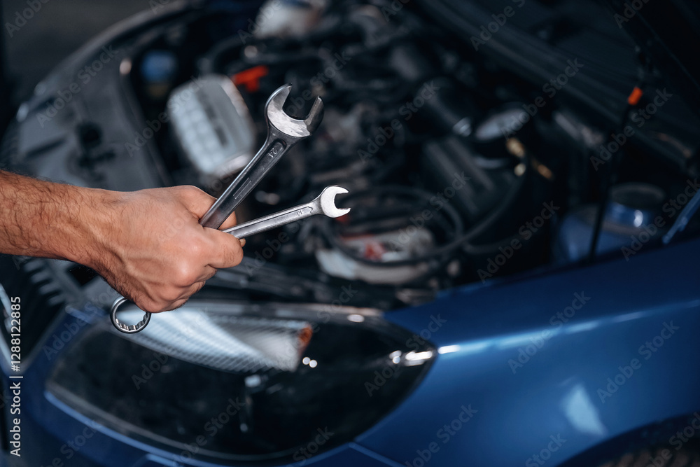 Blue automobile, working. Close up view of mechanic in car service station Blue automobile, working. Close up view of mechanic in car service station