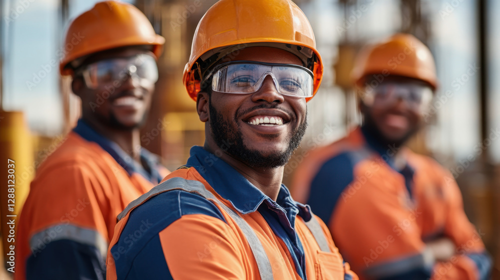 Construction workers in safety gear are smiling and posing together at a busy construction site, showcasing teamwork and camaraderie Construction workers in safety gear are smiling and posing together at a busy construction site, showcasing teamwork and camaraderie