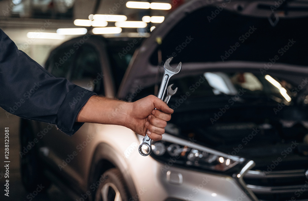 Showing tools, holding in hands. Close up view of mechanic in car service station Showing tools, holding in hands. Close up view of mechanic in car service station