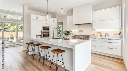 Modern White Kitchen Design: Island, Stools, and Natural Light