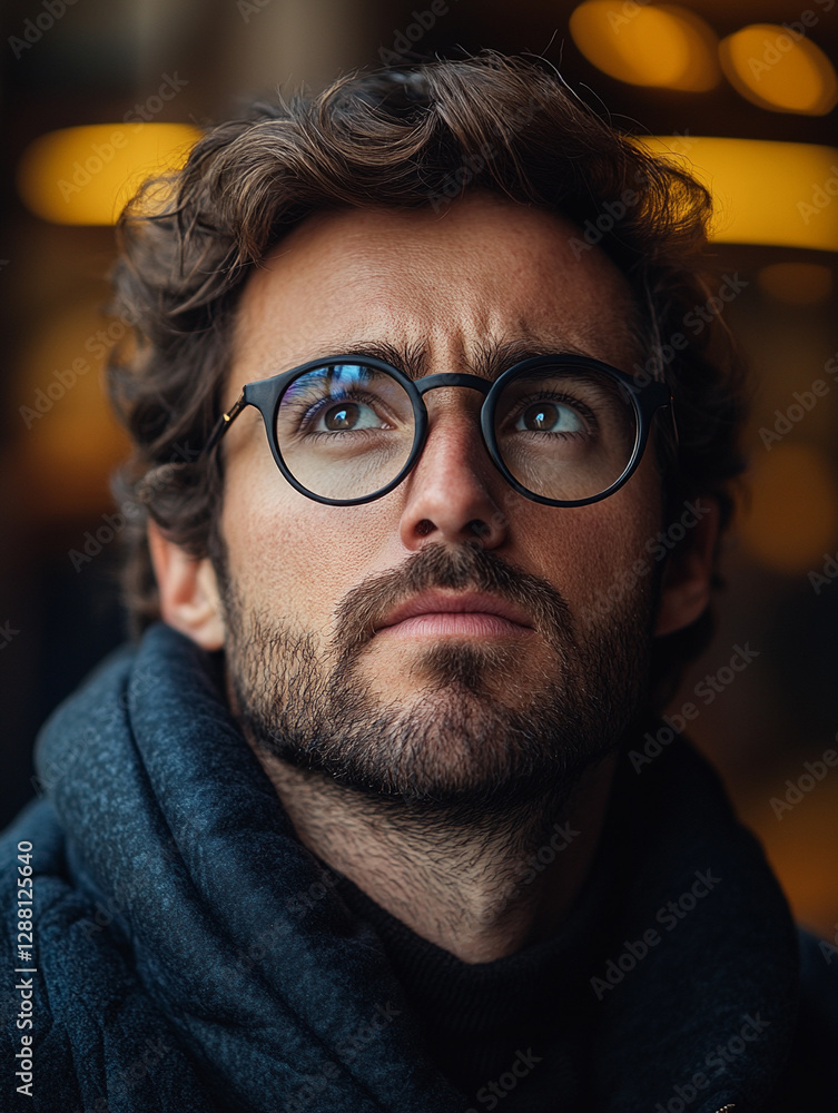 Man with glasses looks thoughtfully into the distance Man with glasses looks thoughtfully into the distance
