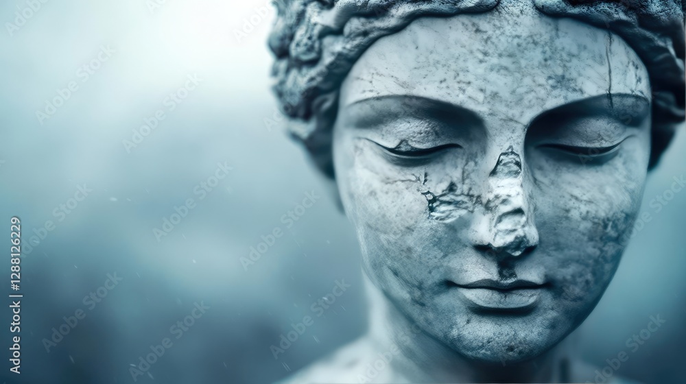 Weathering process idea. Close-up of an ancient stone statue showcasing intricate details and serene expression. Weathering process idea. Close-up of an ancient stone statue showcasing intricate details and serene expression.
