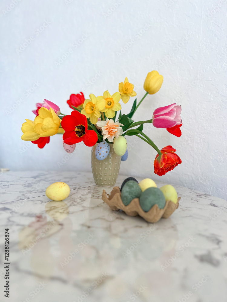 An Easter card. Colorful bright tulips decorated with eggs are in a vase on the table next to colorful eggs. Vertical photography