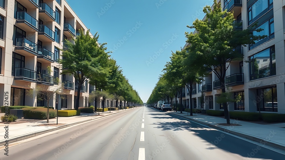 Empty street with modern apartments, trees, and blue sky, showcasing urban development, clean infrastructure, and peaceful living in a residential area. Empty street with modern apartments, trees, and blue sky, showcasing urban development, clean infrastructure, and peaceful living in a residential area.