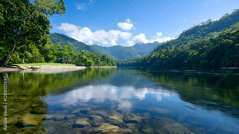 Serene Tropical River Landscape with Lush Greenery and Clear Reflections Serene Tropical River Landscape with Lush Greenery and Clear Reflections