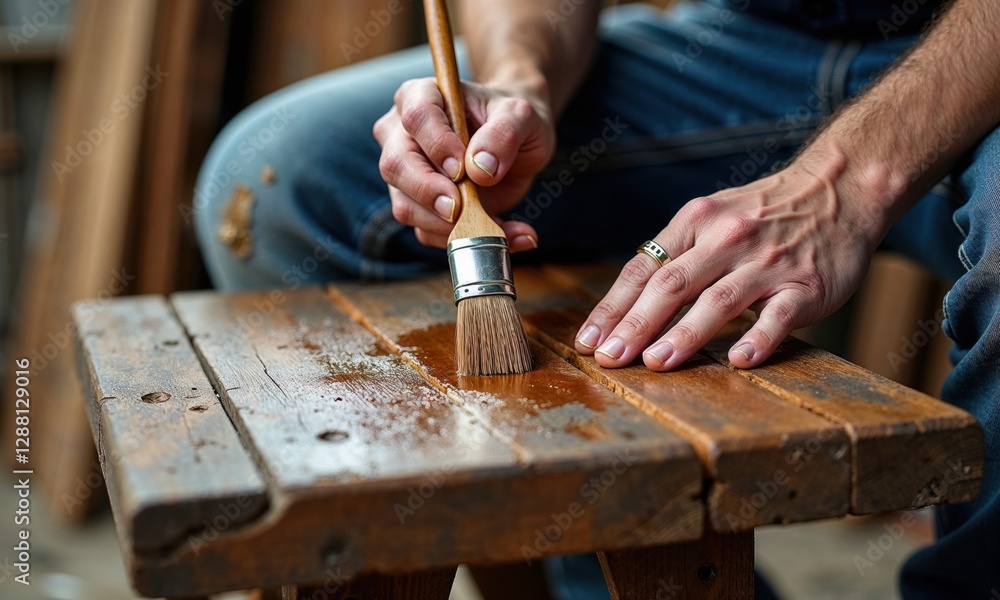 Focused man using a brush to restore a wooden table in a workshop, showcasing craftsmanship and attention to detail. The rustic wood and manual labor create a sense of dedication to the craft Focused man using a brush to restore a wooden table in a workshop, showcasing craftsmanship and attention to detail. The rustic wood and manual labor create a sense of dedication to the craft