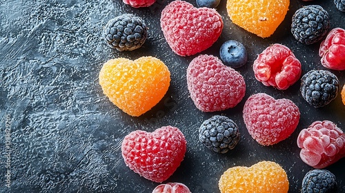 Heart-shaped fruit candies and berries on a dark background photo