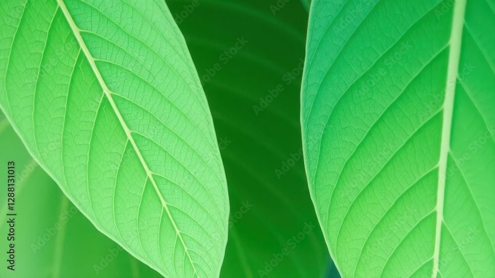 a close up of a green leaf with a blue background,