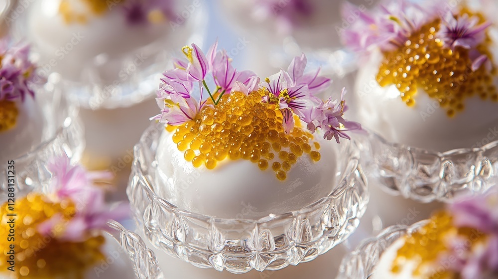 Fototapeta premium Elegant egg and caviar custard cups gourmet dessert luxurious dining indoor setting close-up culinary art