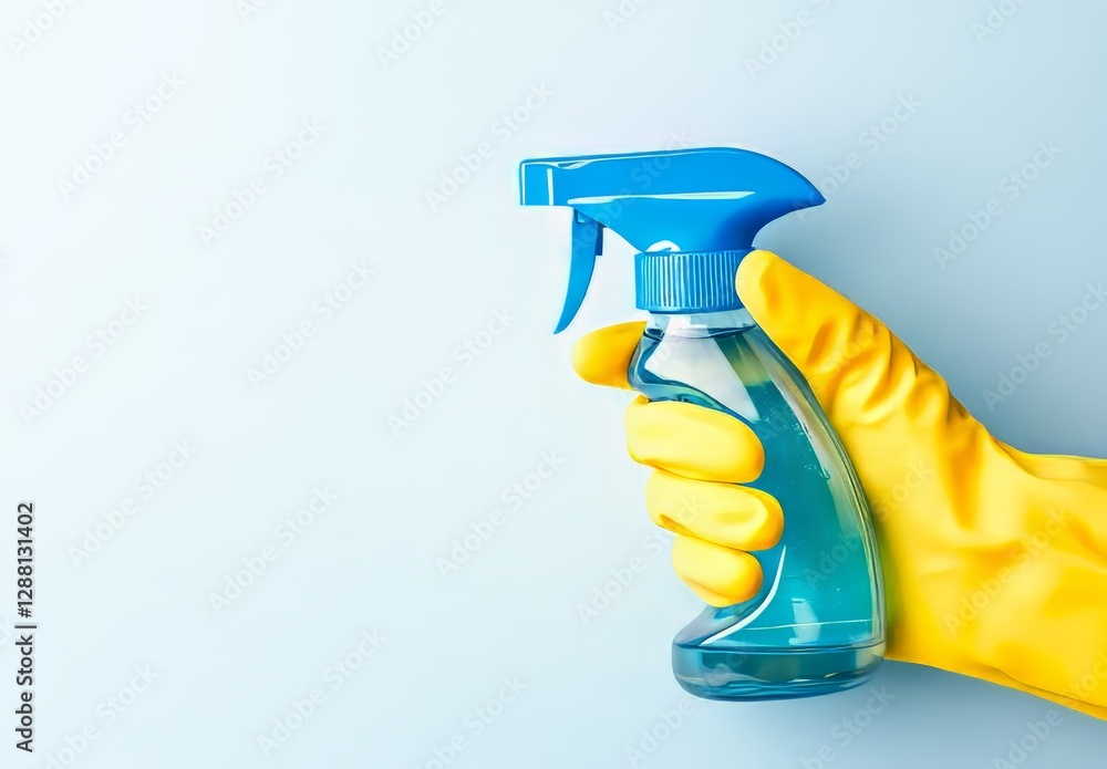 Concept of commercial cleaning, general or regular cleanup, featuring an employee's hand in a yellow glove holding a spray of cleaning fluid on a blue background with copy space Concept of commercial cleaning, general or regular cleanup, featuring an employee's hand in a yellow glove holding a spray of cleaning fluid on a blue background with copy space