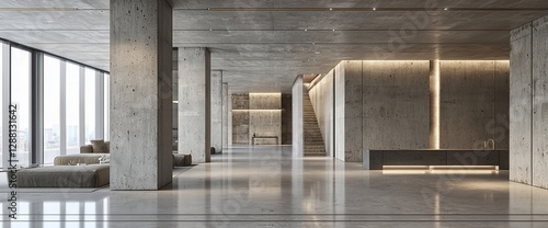 Modern concrete lobby, city view, minimalist seating