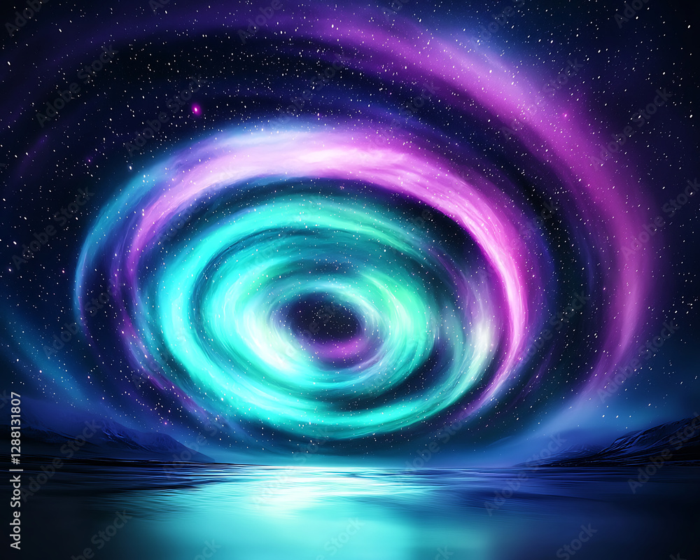 Celestial aurora vortex. Ethereal aurora lights create vibrant pastel vortex over serene lake Celestial aurora vortex. Ethereal aurora lights create vibrant pastel vortex over serene lake