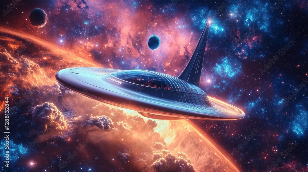Futuristic spaceship flying above a vibrant nebula and planets. Futuristic spaceship flying above a vibrant nebula and planets.