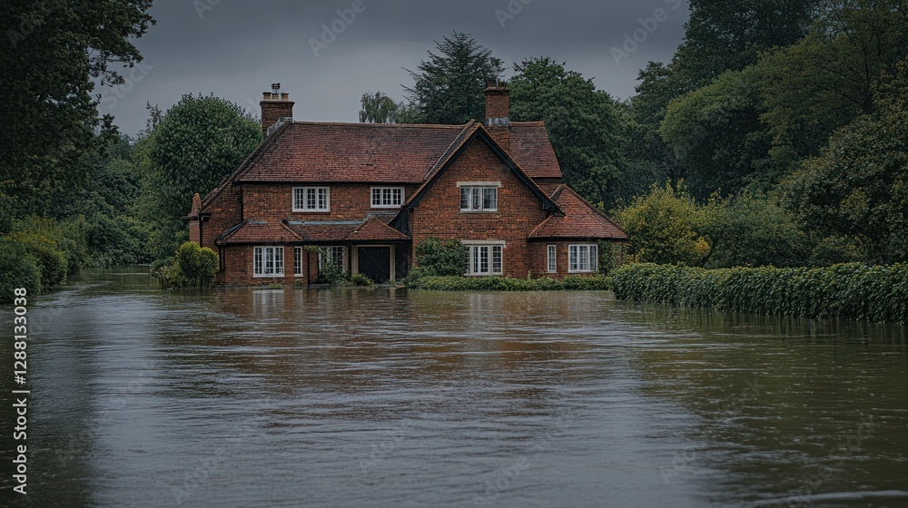 English house flooded UK home, torrential rain, overflowing river house damage. Global warming impact. Climate change English house flooded UK home, torrential rain, overflowing river house damage. Global warming impact. Climate change