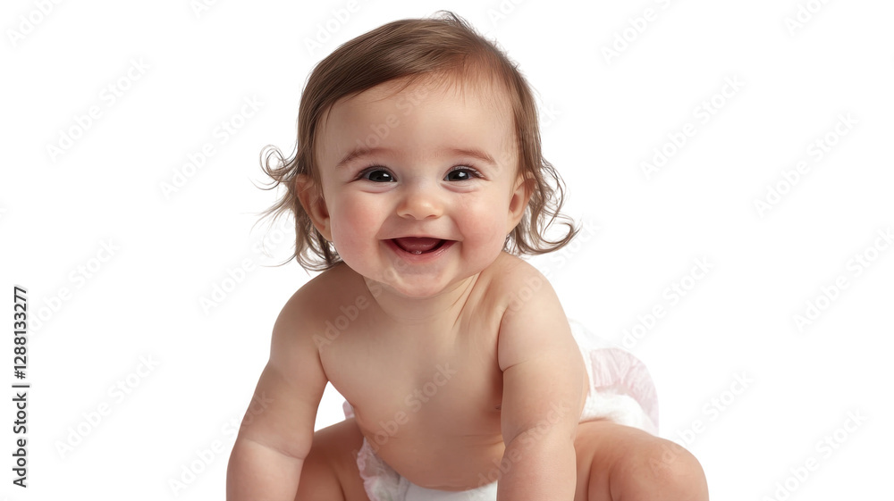 Happy baby crawling on a clean surface, showcasing joy and innocence in a serene environment Happy baby crawling on a clean surface, showcasing joy and innocence in a serene environment