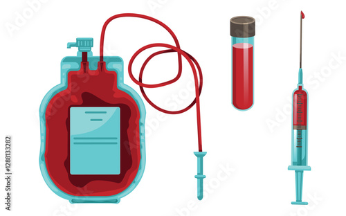 Illustration of blood in a syringe, bag and bottle.