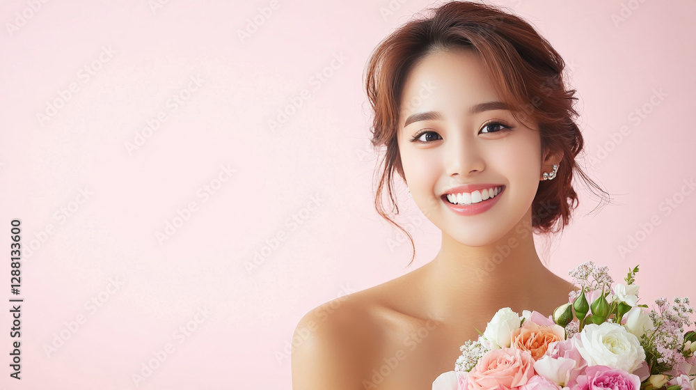 young woman with joyful expression holds bouquet of colorful flowers against soft pink background. Her elegant earrings complement her radiant smile young woman with joyful expression holds bouquet of colorful flowers against soft pink background. Her elegant earrings complement her radiant smile